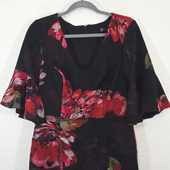Trina Turk Black Dress Red Floral Bell Sleeves Lined Career Party Event , 10 - Picture 2 of 9